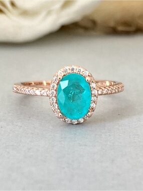 Rose Gold Oval Paraiba Tourmaline Sterling Silver Band Halo Round CZ Ring Size 8